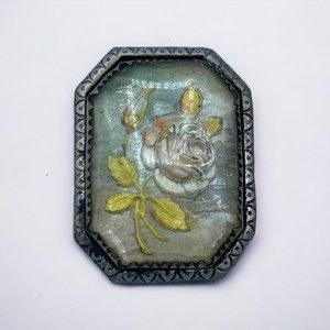 Antique Goofus Glass Reverse Painted Rose Flower Brooch 1.25" READ